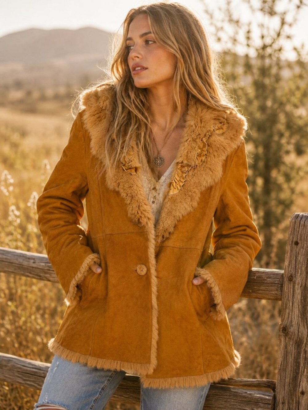 Vintage Mezther Rabbit Fur Shearling Coat Womens XL Camel Tan Boho Luxe Penny
